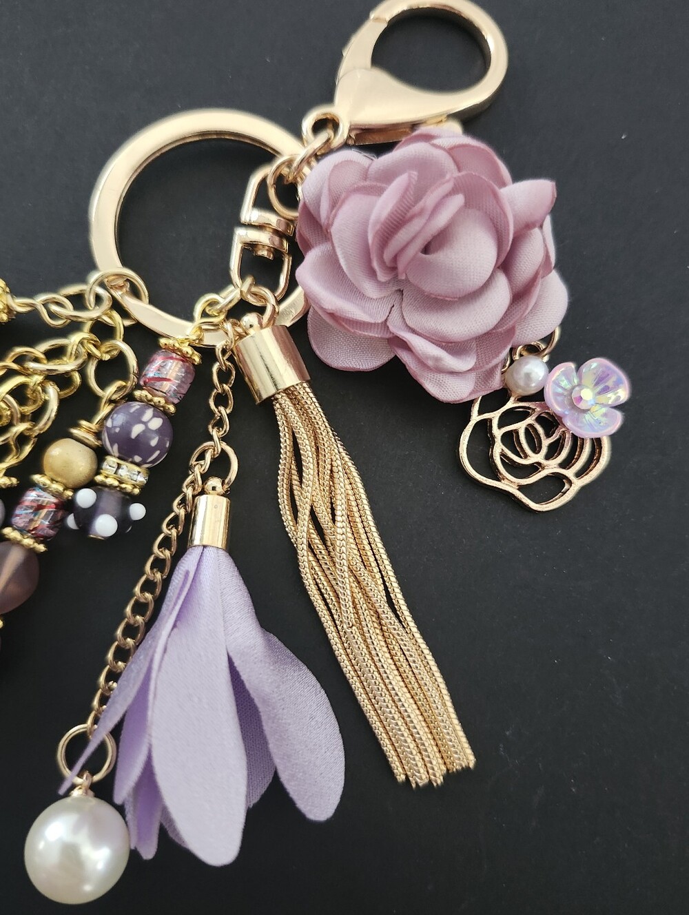 Floral Purse Charm or Keychain Quartz Stone Glass Paper Handcrafted - Picture 4 of 5
